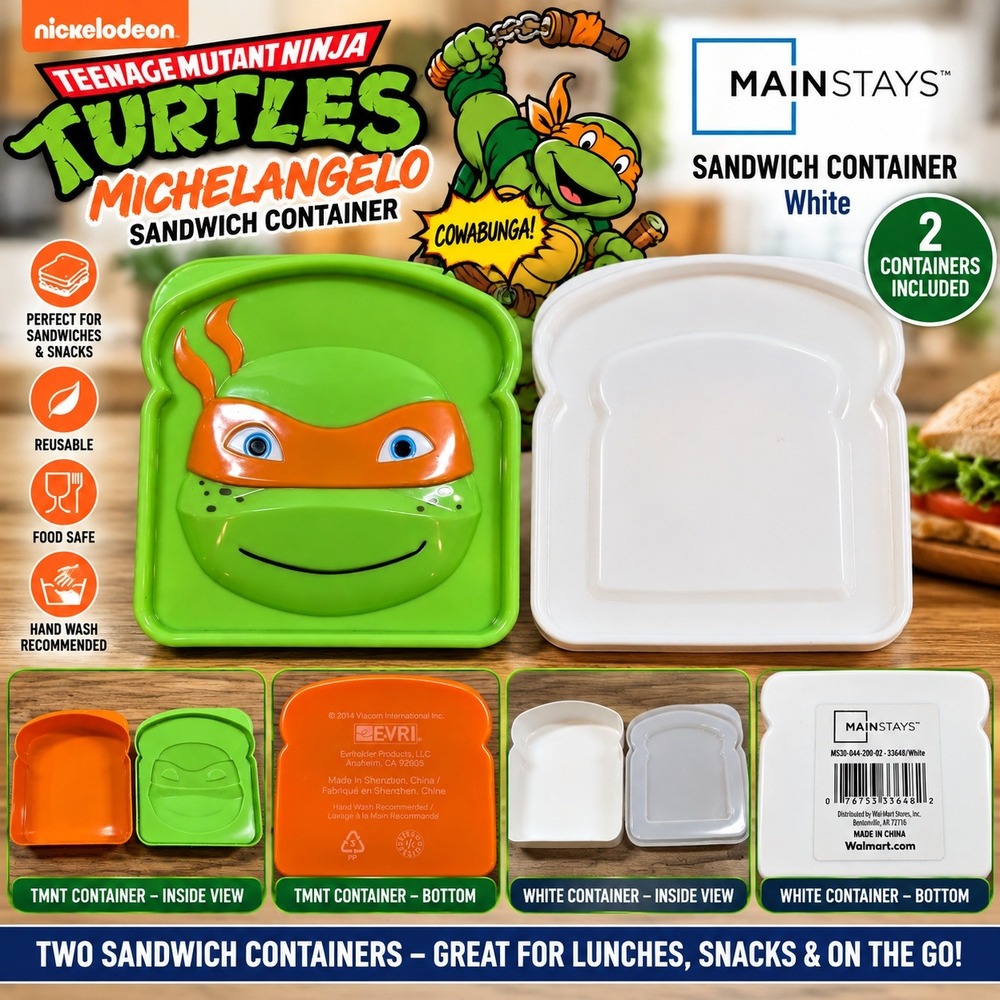 TMNT Michelangelo & Mainstays Sandwich Container Set 2pk Green White Lunch Box